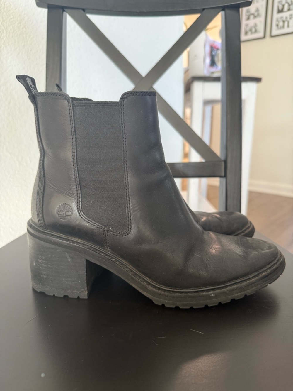 Timberland Black Leather Chelsea Block Heel Ankle Boots